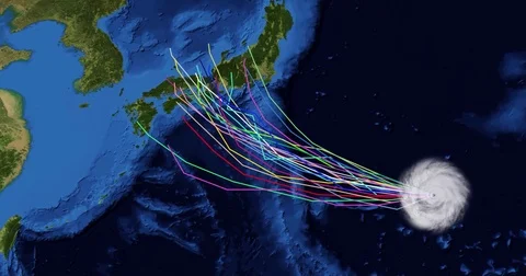 Spaghetti plot of a hurricane with landfall at southern Japan Vídeos de archivo 81258071