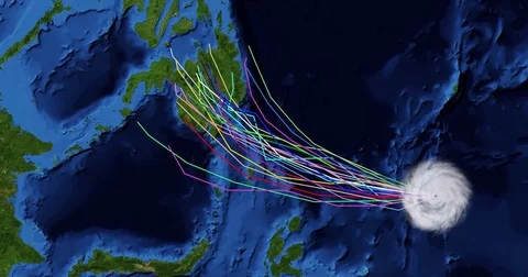 Spaghetti plot of a hurricane with landfall at the southern Philippines Stockbeeldmateriaal 81258200