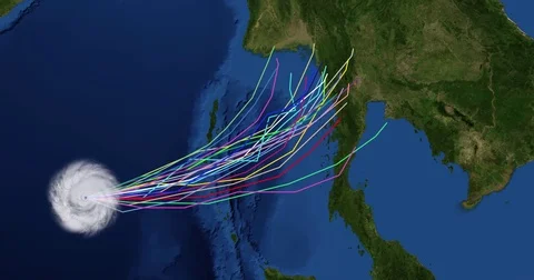 Spaghetti plot of a hurricane with landfall at Thailand Stock Footage 81304186