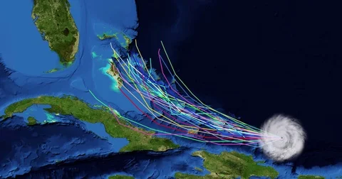 Spaghetti plot of a hurricane with landfall at Turks, Caicos and The Bahamas Stock Footage 81258291