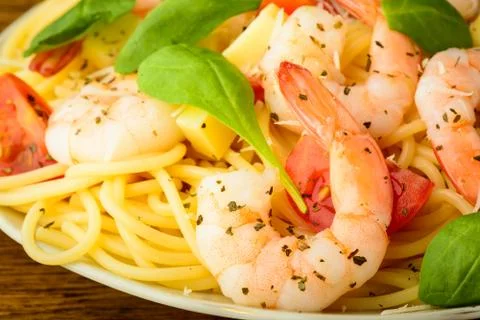 Spaghetti with prawns Stock Photos