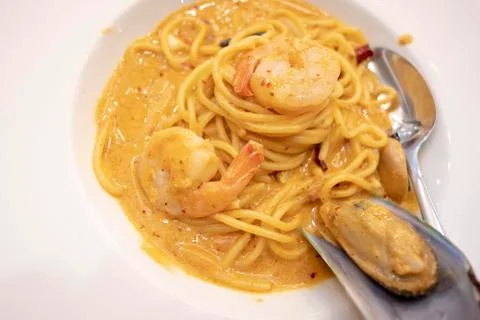 Spaghetti with prawns Stock Photos