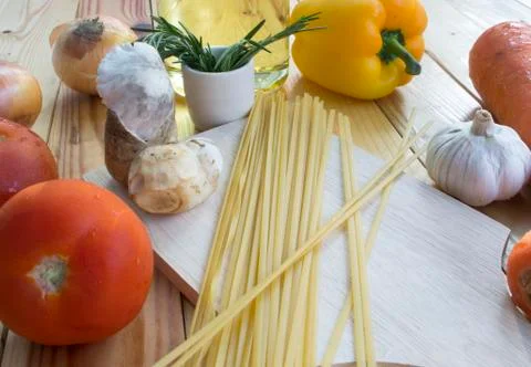 Spaghetti Recipes vegetable ingredient on table Stock Photos