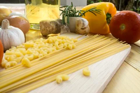 Spaghetti Recipes vegetable ingredient on table Stock Photos