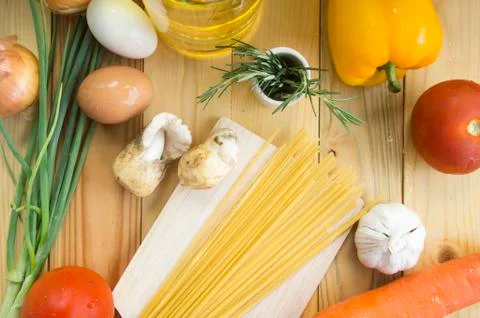 Spaghetti Recipes vegetable ingredient on table Stock Photos