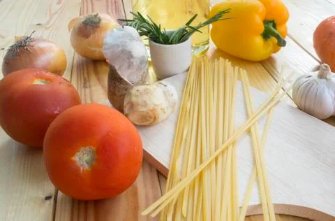 Spaghetti Recipes vegetable ingredient on table Stock Photos