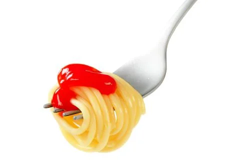 Spaghetti with red sauce on a fork Stock Photos