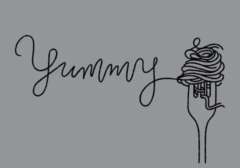 Spaghetti roll with fork line art and yummy typography vector illustration Stockillustratie