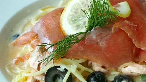 Spaghetti with salmon Stock Footage 80580523