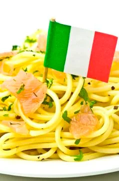 Spaghetti with salmon Stock Photos