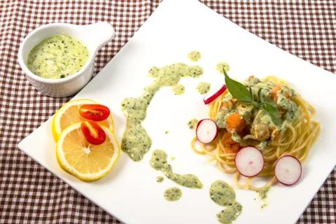 Spaghetti salmon Stock Photos