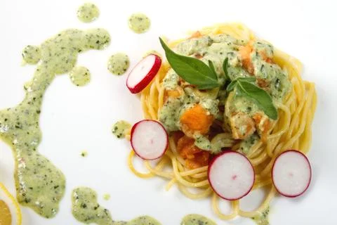 Spaghetti salmon Stock Photos