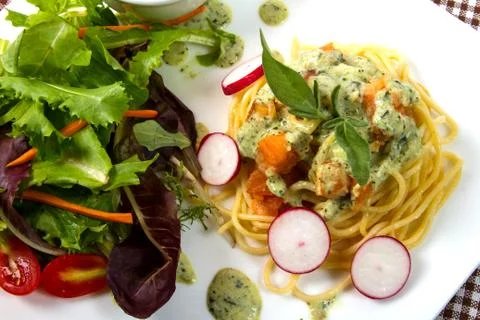 Spaghetti salmon Stock Photos