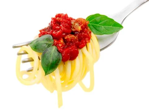 Spaghetti with sauce on a fork Stock Photos