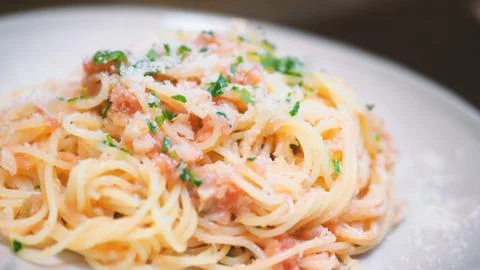 Spaghetti sauce tarako made from cod fish Stock Photos