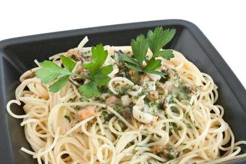 Spaghetti with seafood closeup Stock Photos