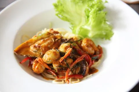 Spaghetti with seafood Stock Photos