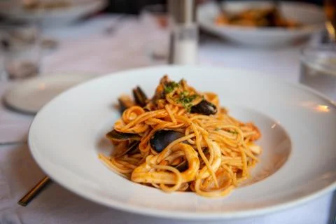 Spaghetti with seafood Stock Photos