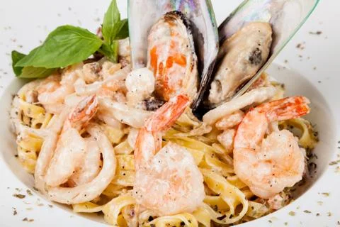 Spaghetti with seafood Stock Photos