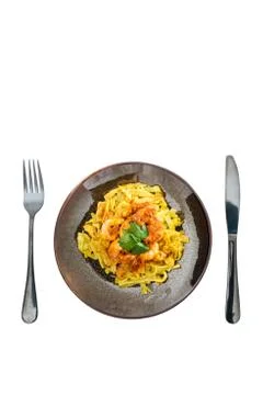Spaghetti with Shrimp Dinner Dish on a the table Foto stock