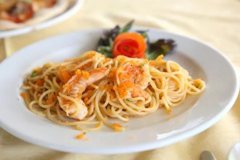 Spaghetti with shrimp Stock Photos