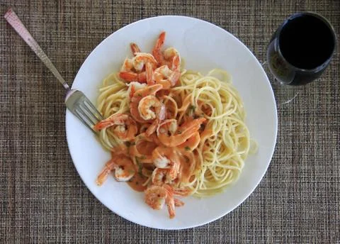 Spaghetti with shrimp Stock Photos