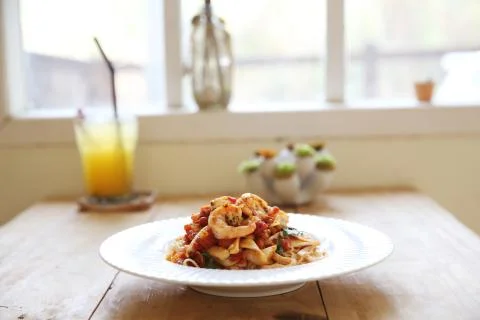 Spaghetti with shrimp Stock Photos