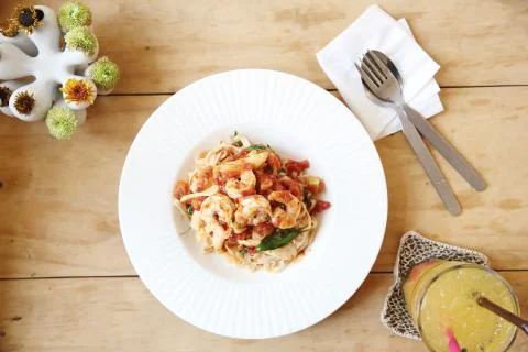 Spaghetti with shrimp Stock Photos