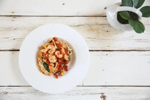 Spaghetti with shrimp Stock Photos