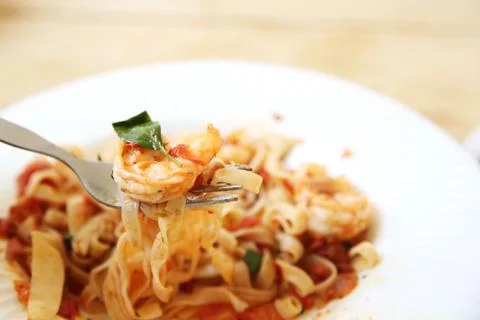 Spaghetti with shrimp Stock Photos