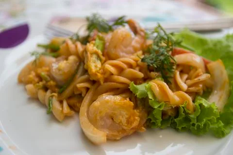 Spaghetti with shrimp Stock Photos