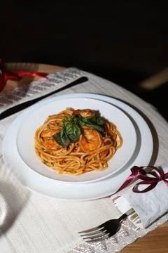 Spaghetti with shrimp Stock Photos