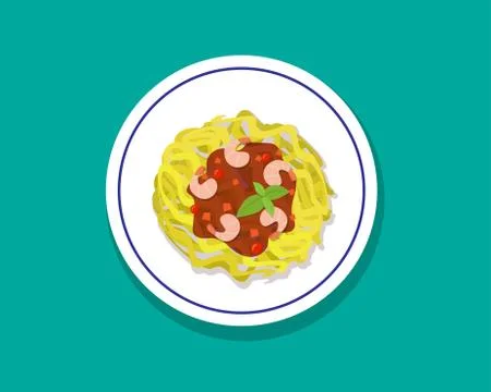 Spaghetti with shrimps and basil in flat style, vector Stock Illustration
