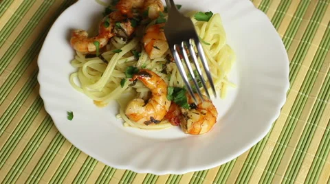 Spaghetti with shrimps. Stock Footage 55709233