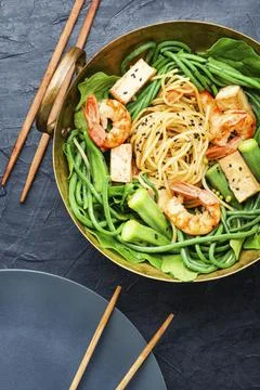 Spaghetti with shrimps Stock Photos