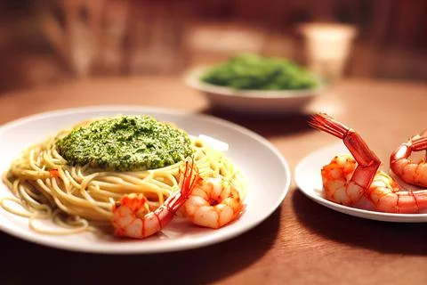 Spaghetti with shrimps on the table. View from the side. Stock Illustration