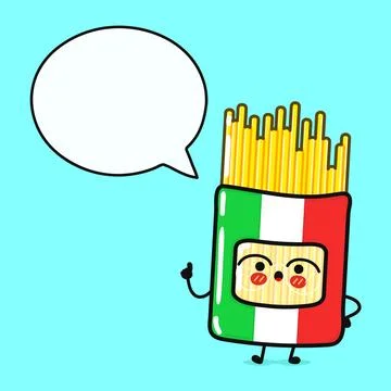 Spaghetti with speech bubble. Vector hand drawn cartoon kawaii character il.. Stock Illustration