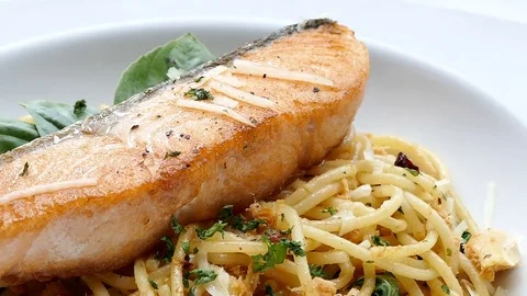 Spaghetti spicy salmon Stock Footage 83927200