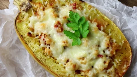 Spaghetti squash or vegetable spaghetti stuffed. Stock Footage 317388161