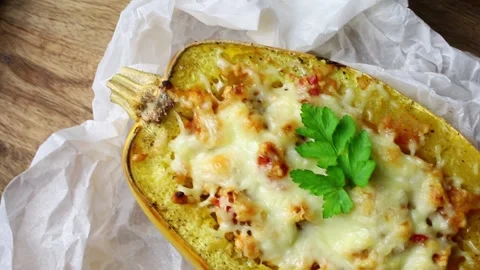 Spaghetti squash or vegetable spaghetti stuffed. Stock-Footage 317388164