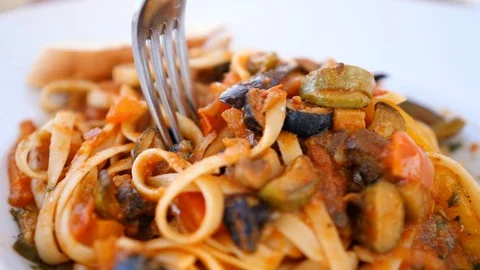 Spaghetti In Tomato Sauce On A Plate With A Fork Stock Footage 106971174