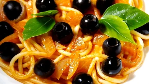 Spaghetti with vegetables and olives Stock Footage 91307982