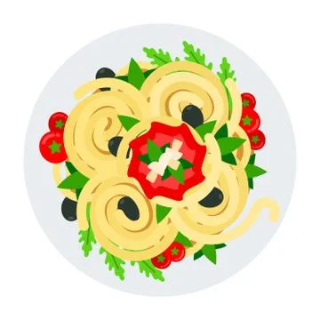 Spaghetti with vegetables top view vector flat isolated Stock Illustration