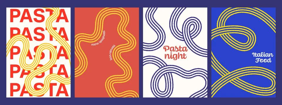 Spaghetti wave posters with curved abstract noodle lines. Italian and Asian.. Stockillustratie