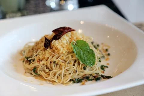 Spaghetti in white plate Stock Photos