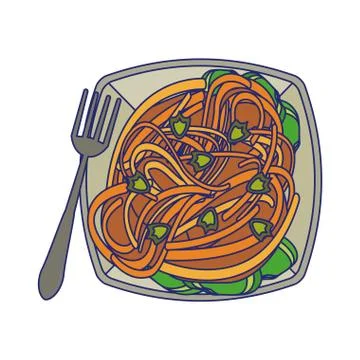 Spaghuetti on dish with fork blue lines Stock Illustration