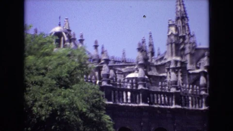 SPAIN-1972: Gothic Castle with Spires and Ornate Stonework Stock Footage 120954082