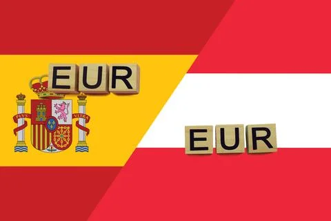 Spain and Austria currencies codes on national flags background イラスト素材