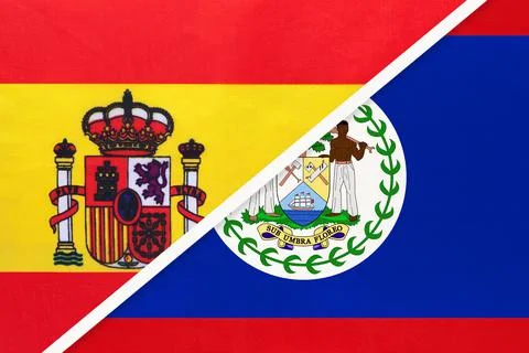 Spain and Belize, symbol of two national flags from textile. Stock Photos