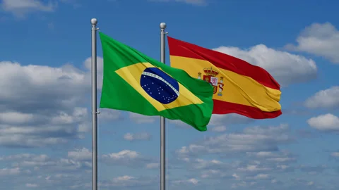 Spain and Brazil two flags Stock Footage 279322567